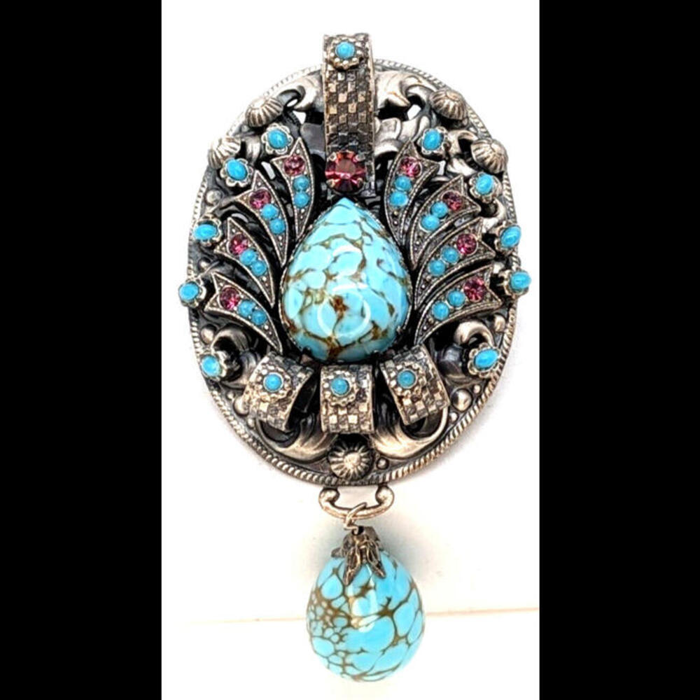 Vintage Ornate Silver Metal Turquoise Rhinestone Pendant/Brooch Filigree